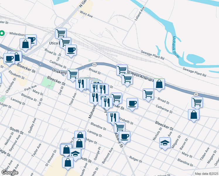 map of restaurants, bars, coffee shops, grocery stores, and more near 720 Catherine Street in Utica