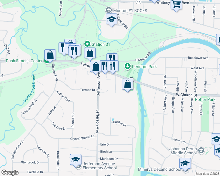map of restaurants, bars, coffee shops, grocery stores, and more near 10 Pilgrim Circle in Fairport