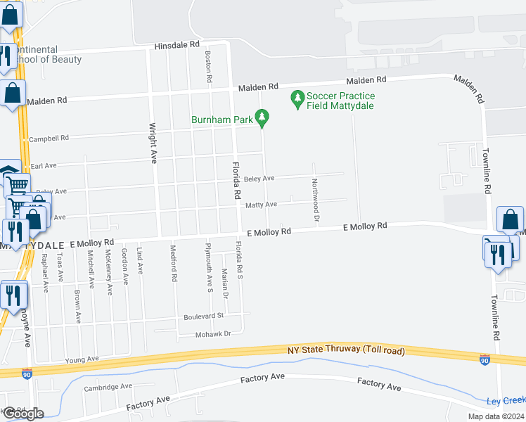 map of restaurants, bars, coffee shops, grocery stores, and more near 107 Westwood Avenue in Mattydale