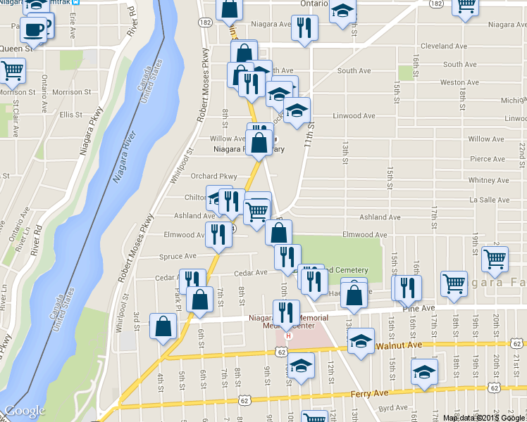 map of restaurants, bars, coffee shops, grocery stores, and more near 828 Ashland Ave in Niagara Falls