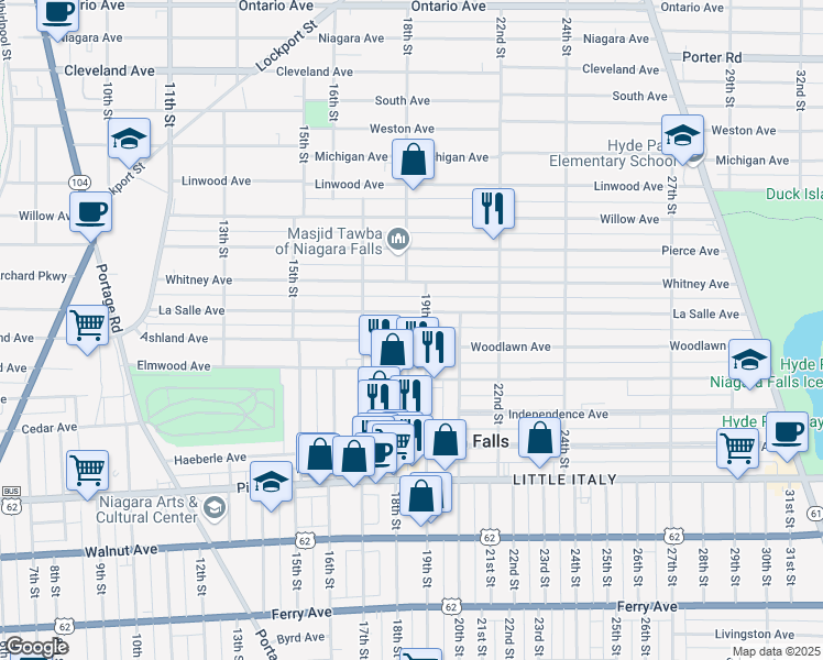 map of restaurants, bars, coffee shops, grocery stores, and more near 1748 Ashland Avenue in Niagara Falls