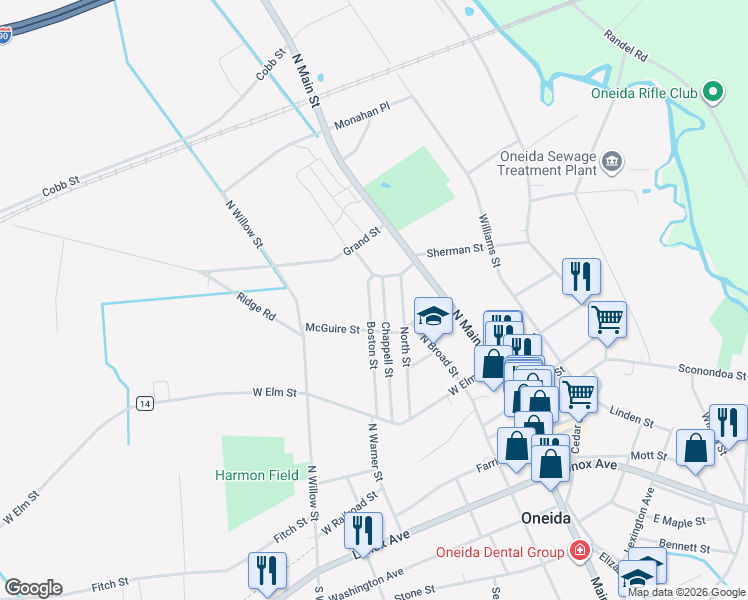 map of restaurants, bars, coffee shops, grocery stores, and more near 318 Boston Street in Oneida