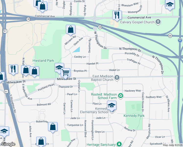 map of restaurants, bars, coffee shops, grocery stores, and more near 5 Swanton Road in Madison