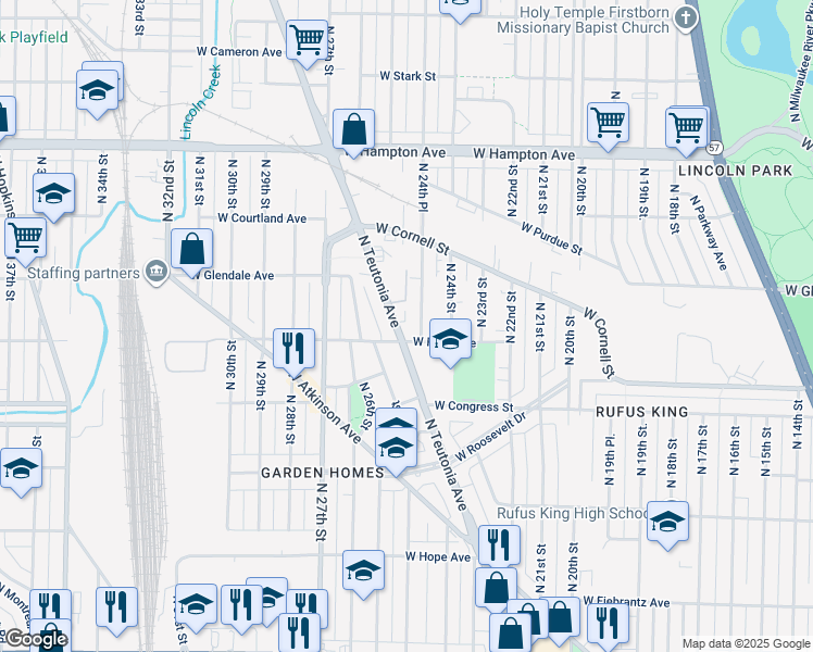 map of restaurants, bars, coffee shops, grocery stores, and more near 4502 North Teutonia Avenue in Milwaukee