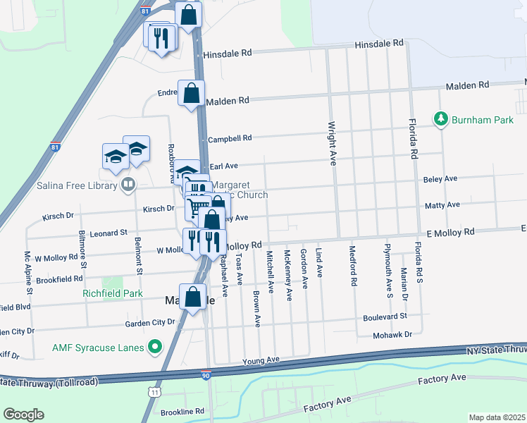 map of restaurants, bars, coffee shops, grocery stores, and more near 203 Matty Avenue in Mattydale