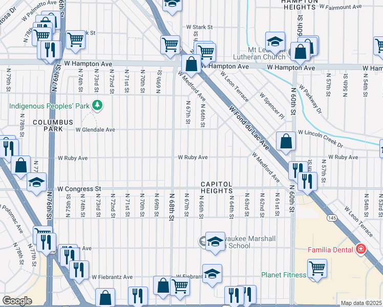 map of restaurants, bars, coffee shops, grocery stores, and more near 4513 North 67th Street in Milwaukee