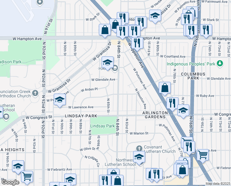 map of restaurants, bars, coffee shops, grocery stores, and more near 4502 North 84th Street in Milwaukee