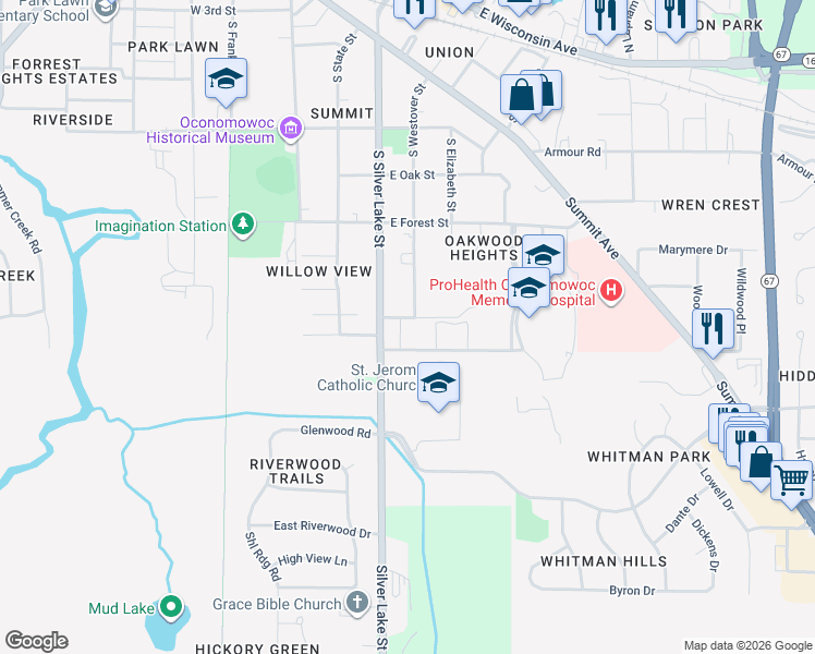 map of restaurants, bars, coffee shops, grocery stores, and more near 320 Frederick Court in Oconomowoc