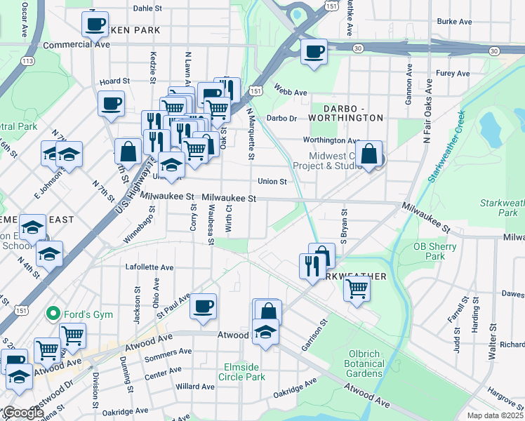 map of restaurants, bars, coffee shops, grocery stores, and more near 9 South Marquette Street in Madison