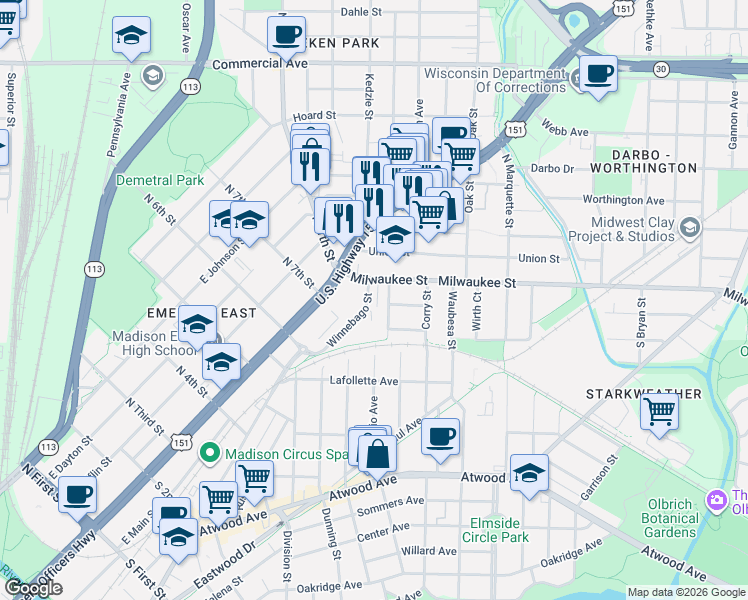 map of restaurants, bars, coffee shops, grocery stores, and more near 32 Anzinger Court in Madison