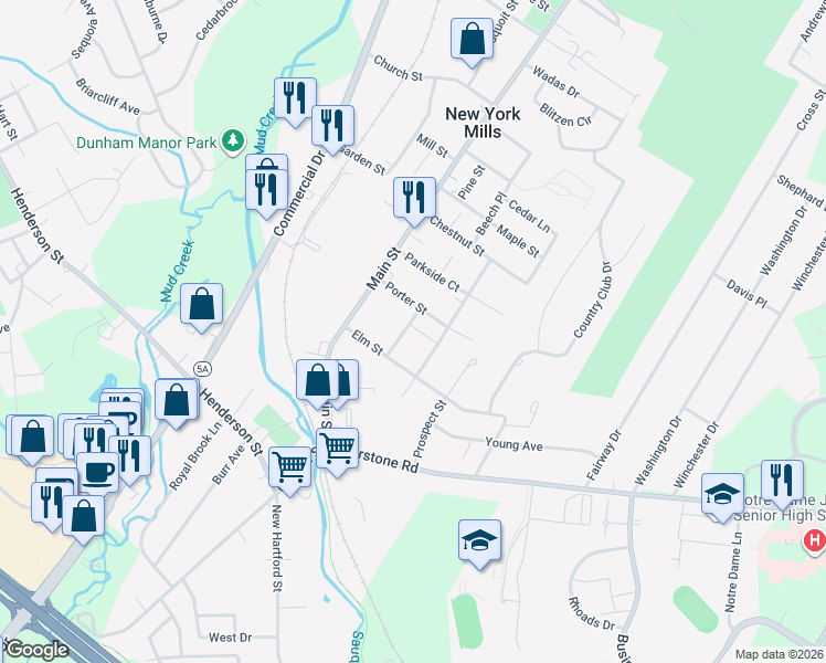 map of restaurants, bars, coffee shops, grocery stores, and more near 9 Meadow Street in New York Mills