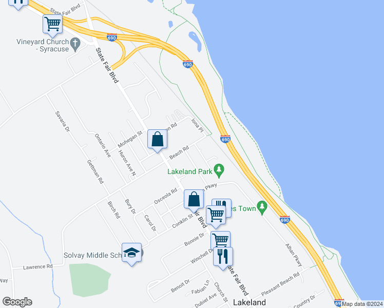 map of restaurants, bars, coffee shops, grocery stores, and more near 210 Shore Avenue in Syracuse