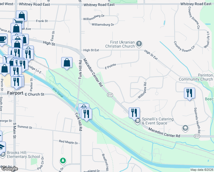 map of restaurants, bars, coffee shops, grocery stores, and more near 38 Alpine Knoll in Fairport