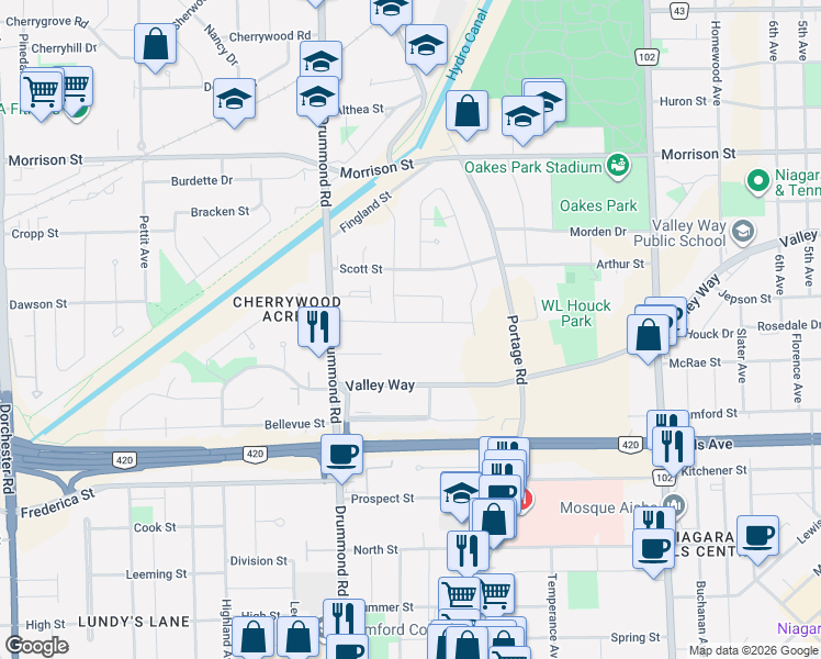 map of restaurants, bars, coffee shops, grocery stores, and more near 6042 Stevens Street in Niagara Falls