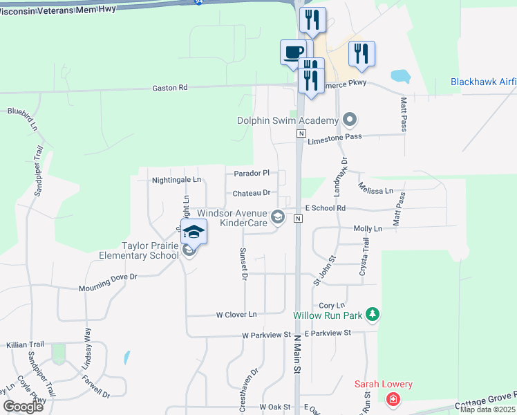 map of restaurants, bars, coffee shops, grocery stores, and more near 217 School Road in Cottage Grove