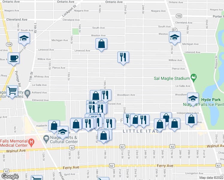 map of restaurants, bars, coffee shops, grocery stores, and more near 1116 20th Street in Niagara Falls