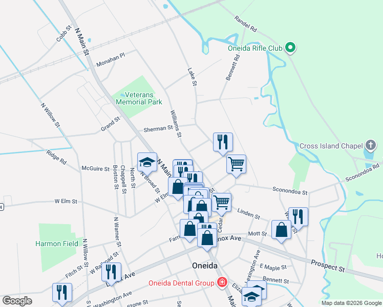 map of restaurants, bars, coffee shops, grocery stores, and more near 228 Williams Street in Oneida
