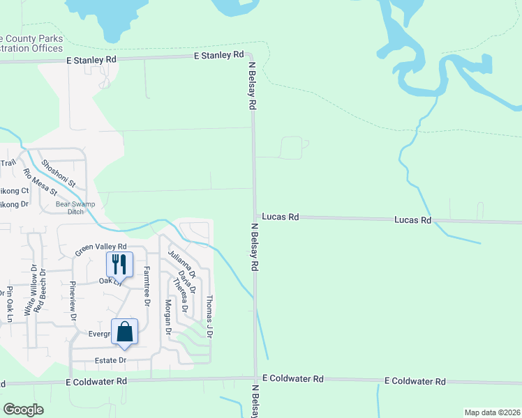 map of restaurants, bars, coffee shops, grocery stores, and more near 6033 Lucas Road in Flint