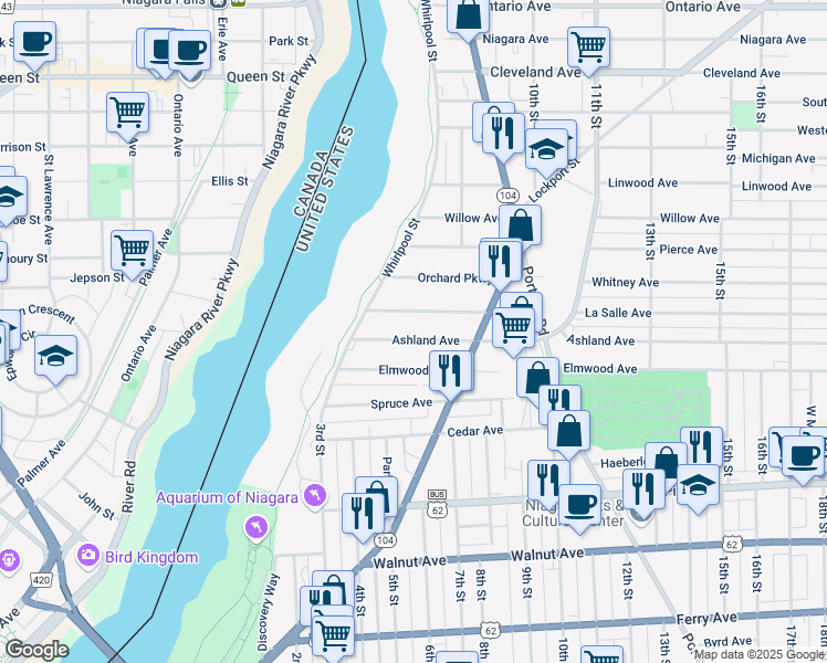 map of restaurants, bars, coffee shops, grocery stores, and more near 666 Ashland Avenue in Niagara Falls