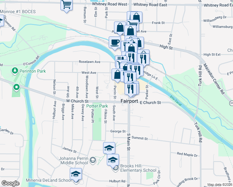 map of restaurants, bars, coffee shops, grocery stores, and more near 37 Perrin Street in Fairport