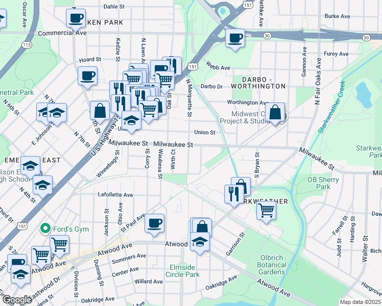 map of restaurants, bars, coffee shops, grocery stores, and more near 9 South Marquette Street in Madison