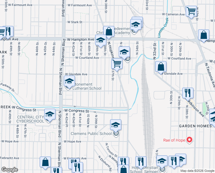 map of restaurants, bars, coffee shops, grocery stores, and more near 4518 North 38th Street in Milwaukee