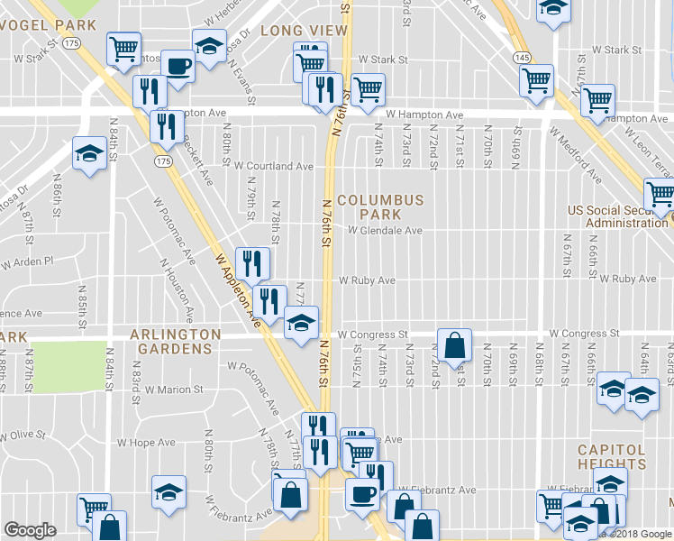 map of restaurants, bars, coffee shops, grocery stores, and more near 4514 North 76th Street in Milwaukee