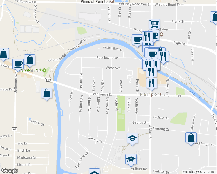 map of restaurants, bars, coffee shops, grocery stores, and more near 36 Woodlawn Avenue in Fairport