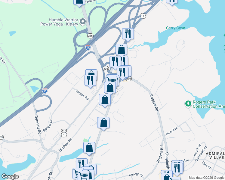 map of restaurants, bars, coffee shops, grocery stores, and more near 167 State Road in Kittery