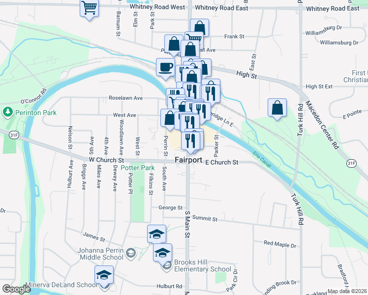 map of restaurants, bars, coffee shops, grocery stores, and more near 76 South Main Street in Fairport