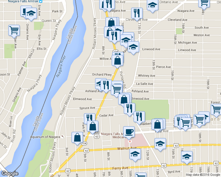 map of restaurants, bars, coffee shops, grocery stores, and more near 1113 Main Street in Niagara Falls
