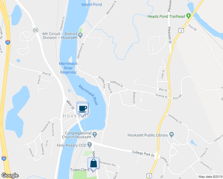map of restaurants, bars, coffee shops, grocery stores, and more near 8 Chase Street in Hooksett