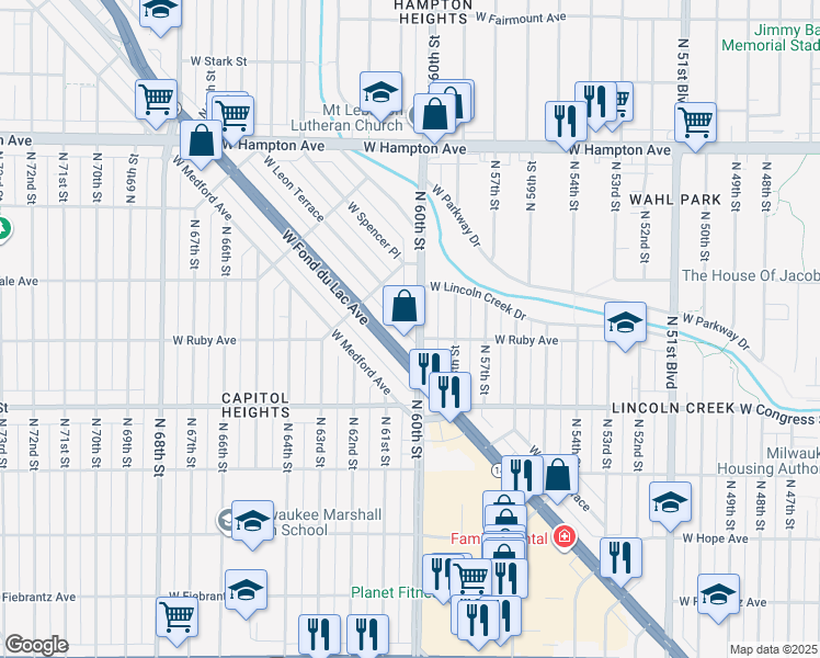 map of restaurants, bars, coffee shops, grocery stores, and more near 6003 West Leon Terrace in Milwaukee