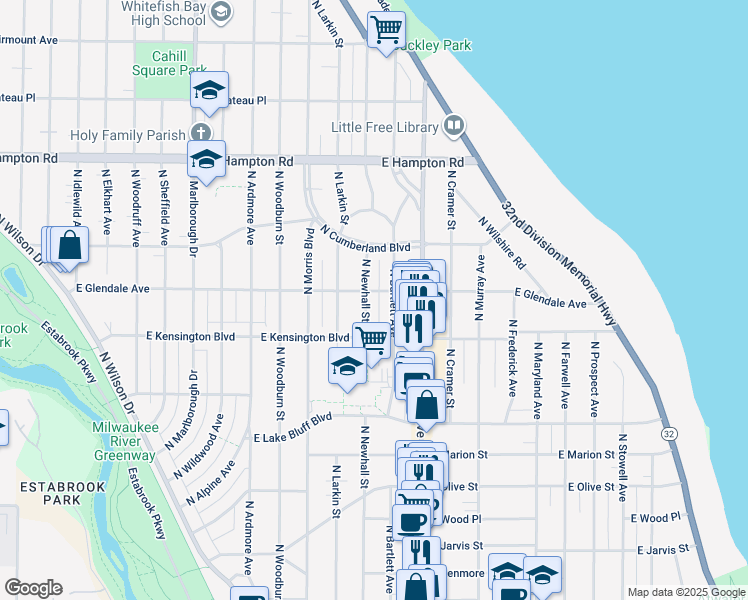 map of restaurants, bars, coffee shops, grocery stores, and more near 4536 North Newhall Street in Shorewood