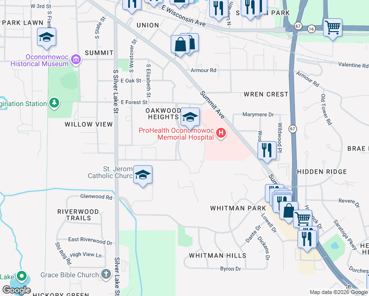 map of restaurants, bars, coffee shops, grocery stores, and more near 641 East Forest Street in Oconomowoc