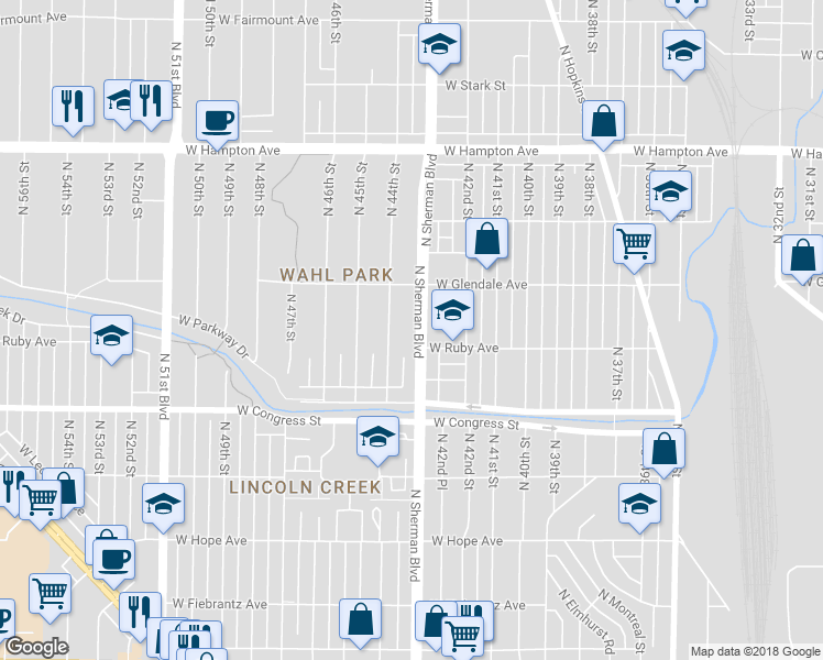 map of restaurants, bars, coffee shops, grocery stores, and more near 4521 North Sherman Boulevard in Milwaukee