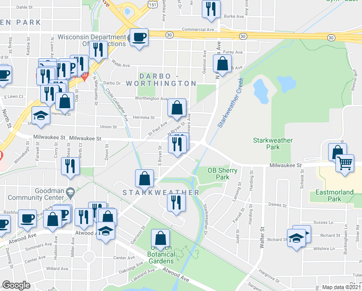 map of restaurants, bars, coffee shops, grocery stores, and more near 3245 Milwaukee Street in Madison