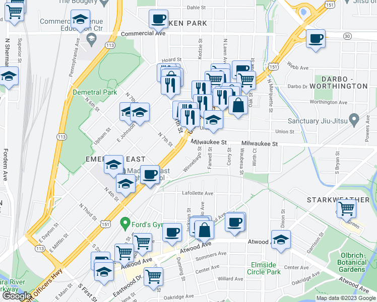 map of restaurants, bars, coffee shops, grocery stores, and more near 2524 Winnebago Street in Madison