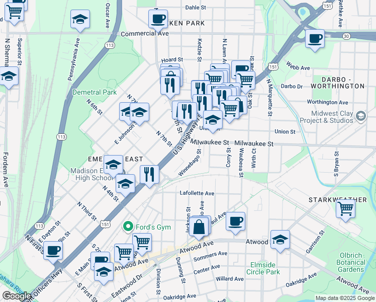 map of restaurants, bars, coffee shops, grocery stores, and more near 2524 Winnebago Street in Madison