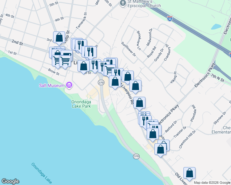map of restaurants, bars, coffee shops, grocery stores, and more near 911 Old Liverpool Road in Liverpool