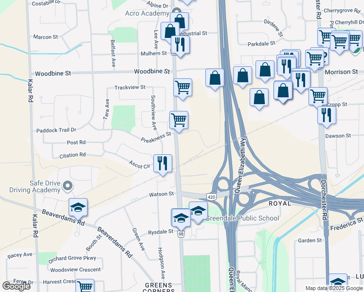 map of restaurants, bars, coffee shops, grocery stores, and more near 5108 Regional Road 98 in Niagara Falls