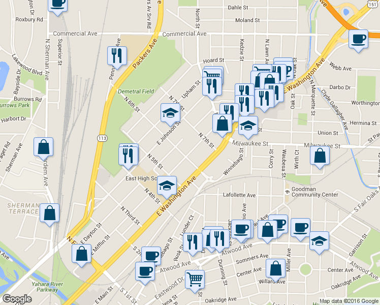 map of restaurants, bars, coffee shops, grocery stores, and more near 2410 E Mifflin St in Madison
