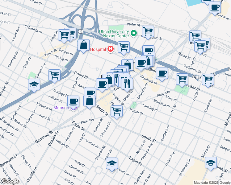 map of restaurants, bars, coffee shops, grocery stores, and more near 249 North Genesee Street in Utica