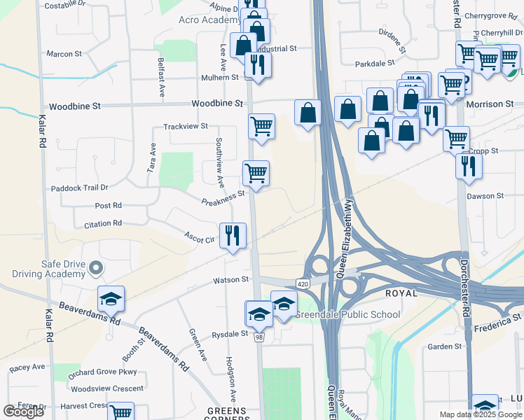 map of restaurants, bars, coffee shops, grocery stores, and more near 5108 Regional Road 98 in Niagara Falls