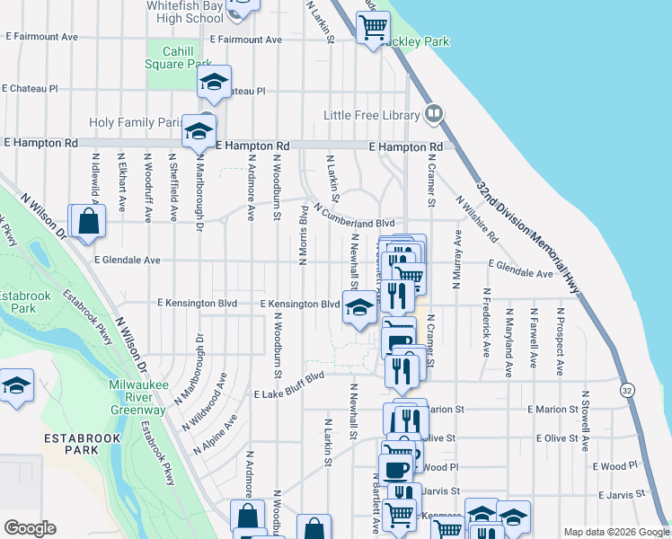 map of restaurants, bars, coffee shops, grocery stores, and more near 4546 North Larkin Street in Shorewood