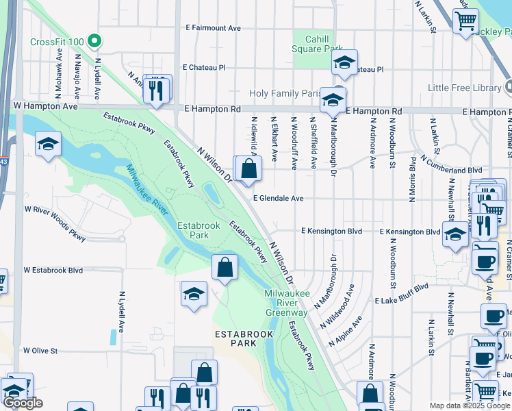 map of restaurants, bars, coffee shops, grocery stores, and more near 715 East Glendale Avenue in Shorewood