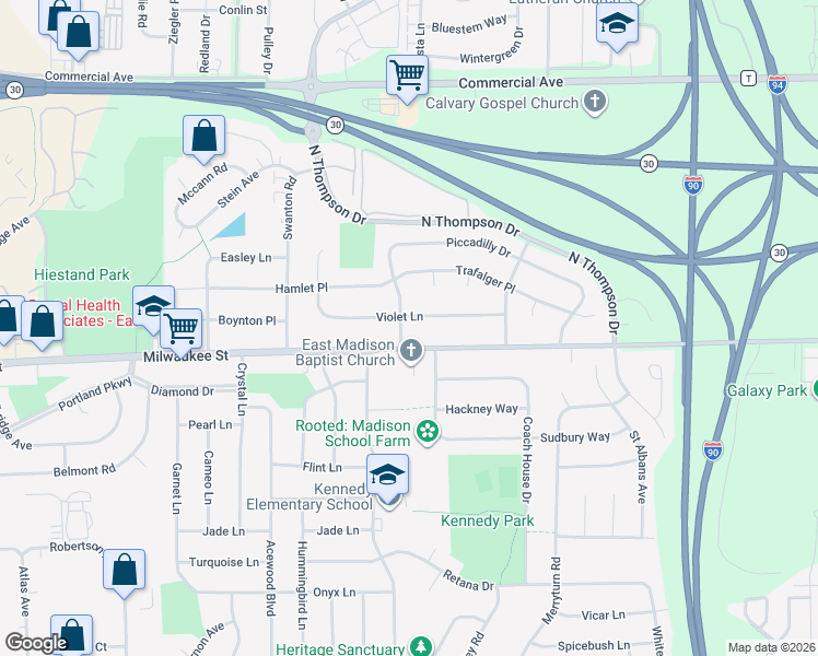 map of restaurants, bars, coffee shops, grocery stores, and more near 5005 Violet Lane in Madison