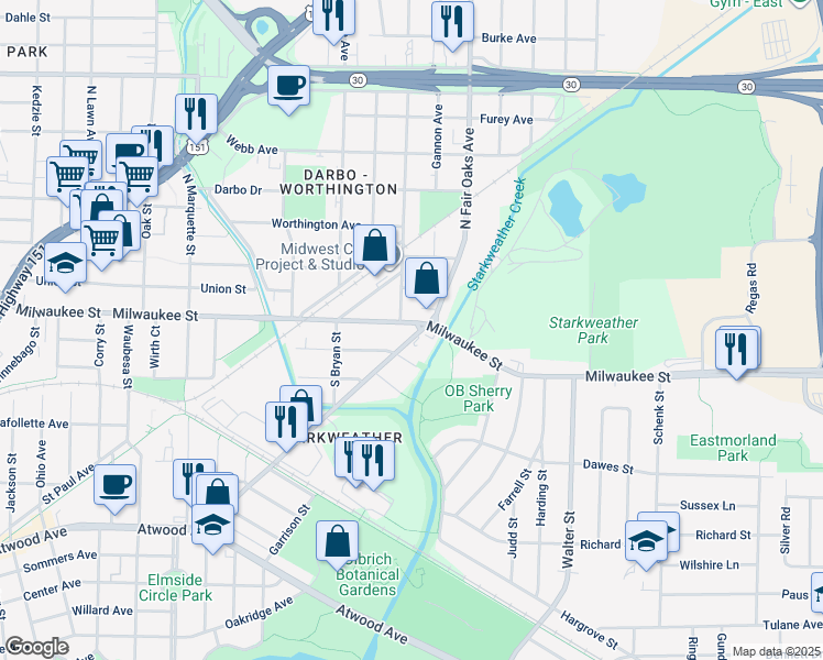 map of restaurants, bars, coffee shops, grocery stores, and more near 7 South Fair Oaks Avenue in Madison