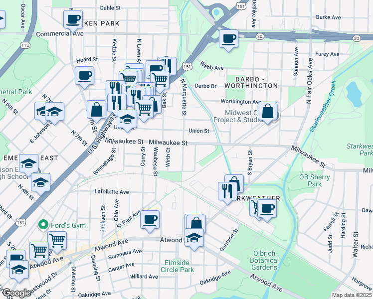 map of restaurants, bars, coffee shops, grocery stores, and more near 9 South Marquette Street in Madison