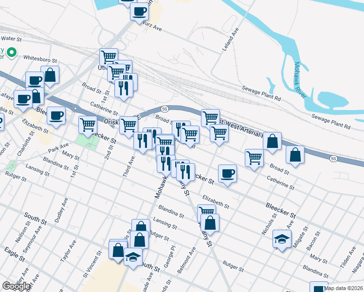 map of restaurants, bars, coffee shops, grocery stores, and more near 307 Mohawk Street in Utica